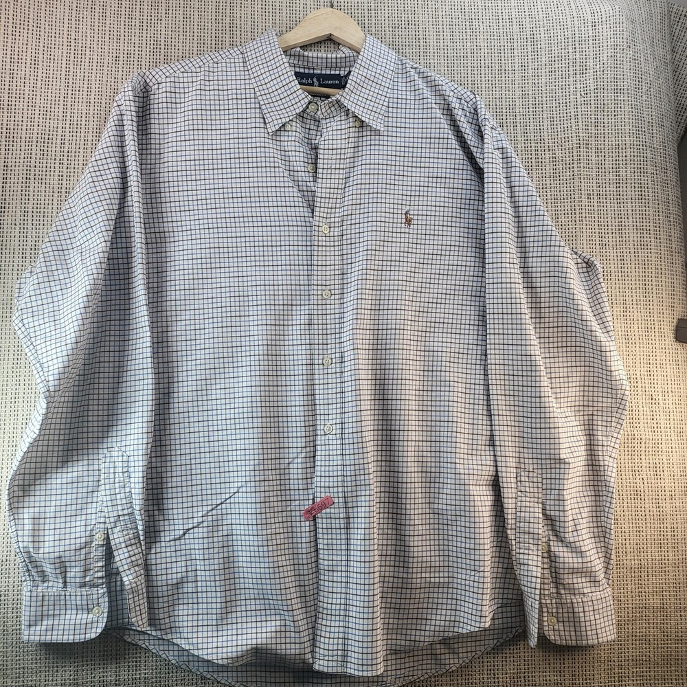 Ralph Lauren Shirt‎ Mens 2XL Blue Check Plaid Custom Fit Button Down Long Sleeve